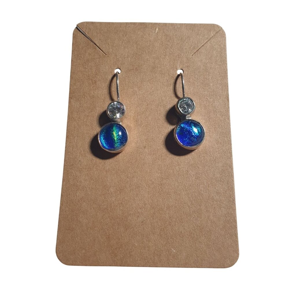 Blue Glitter Drop Earrings Silver Tone Crystal Accents Dangle Pierced Mom Gift